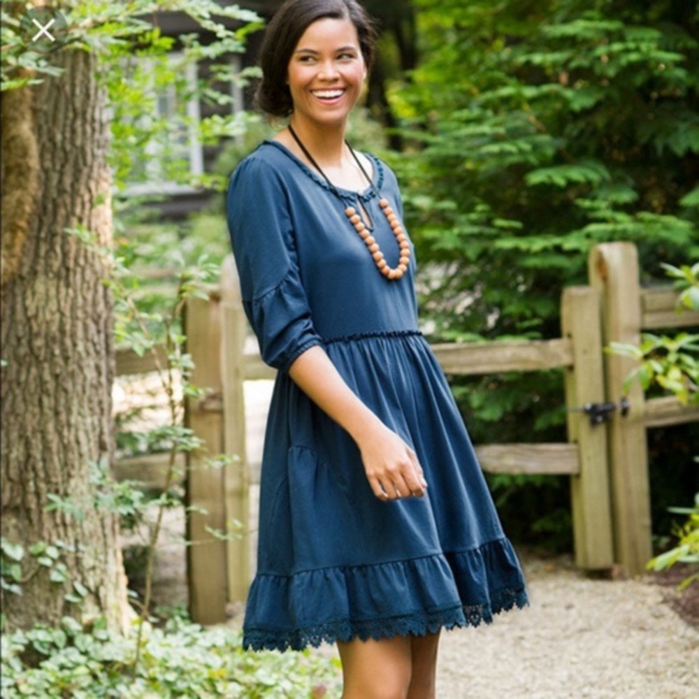 Matilda Jane Hold the Key blue cotton jersey dress with scalloped lace crochet